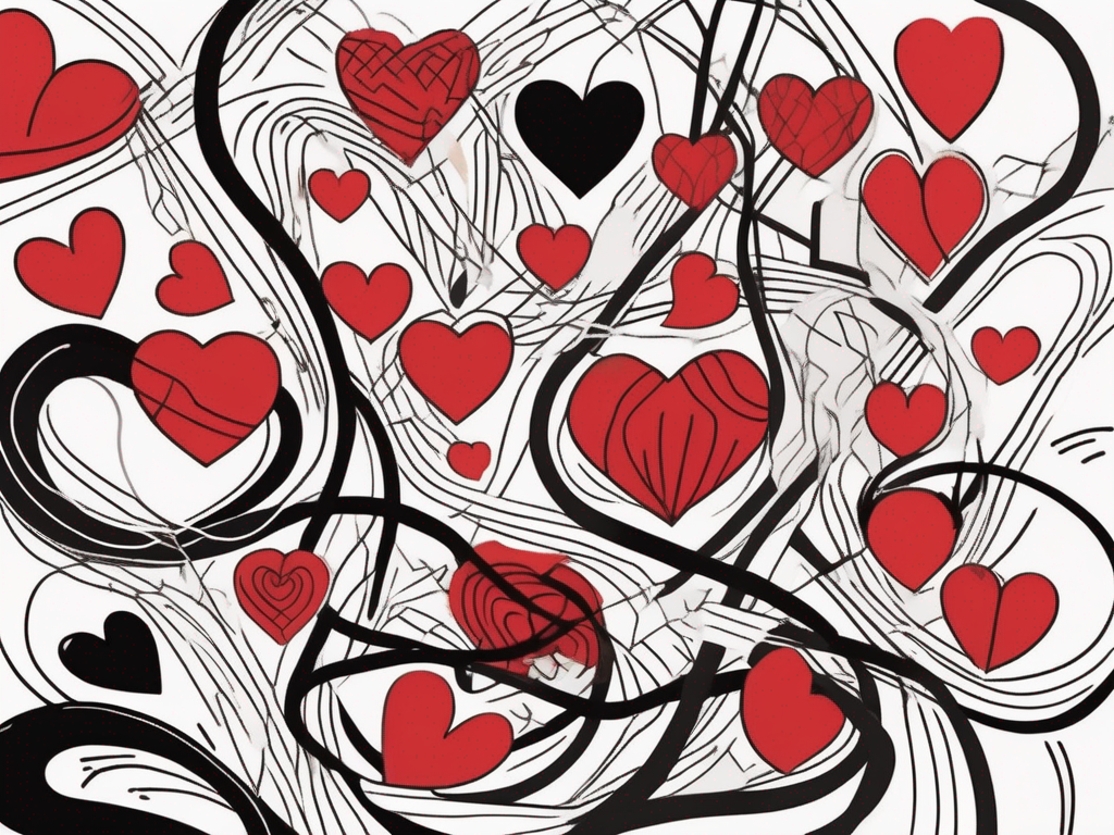 an abstract representation of tangled hearts and intertwined paths, symbolizing the complexity of emotional affairs, with contrasting colors to depict the mix of joy and turmoil involved, hand-drawn abstract illustration for a company blog, white background, professional, minimalist, clean lines, red, white, and black