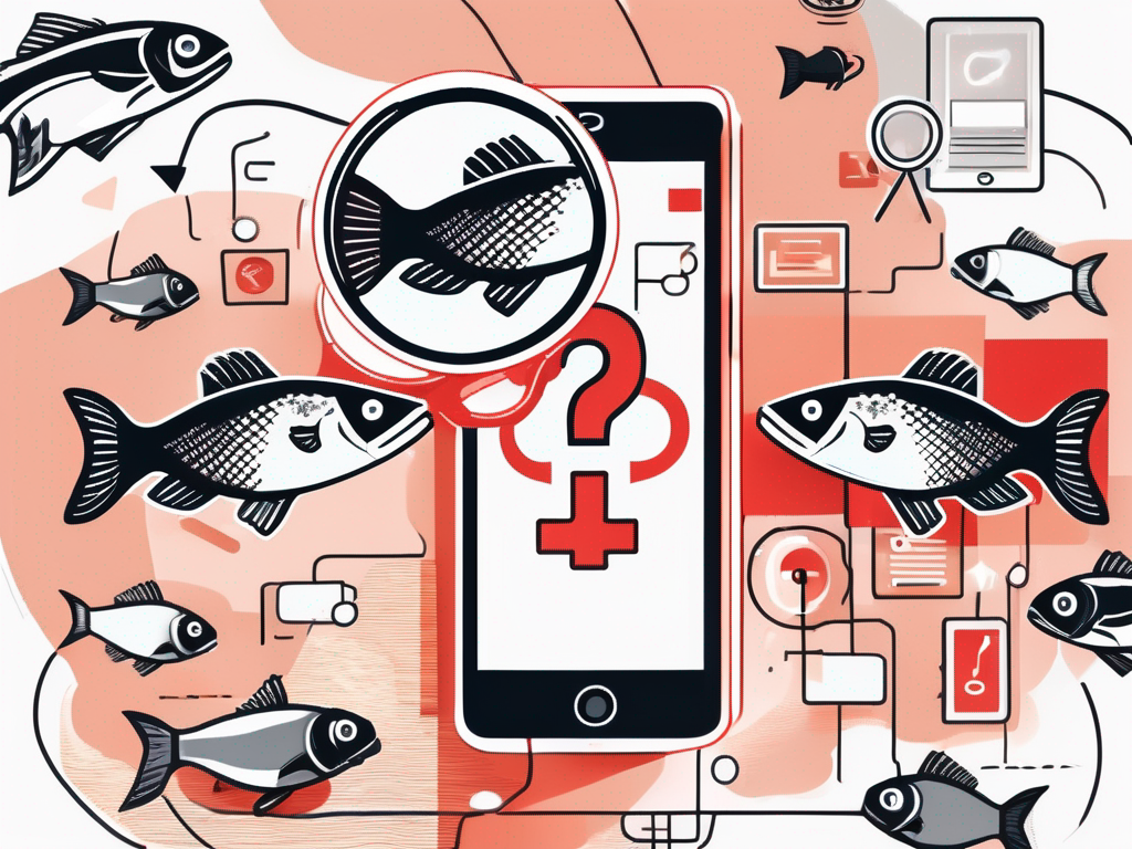 a magnifying glass hovering over a smartphone displaying a fish icon, surrounded by question marks and digital elements, symbolizing the investigation of online identities and authenticity, hand-drawn abstract illustration for a company blog, white background, professional, minimalist, clean lines, red, white, and black
