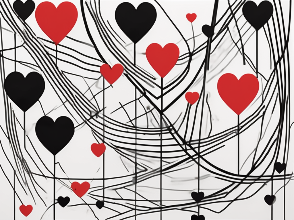 an abstract representation of blurred lines or overlapping shapes that symbolize the complex boundaries of modern relationships, incorporating elements like hearts, question marks, and interconnected paths to convey the theme of flirting and emotional connections, hand-drawn abstract illustration for a company blog, white background, professional, minimalist, clean lines, red, white, and black