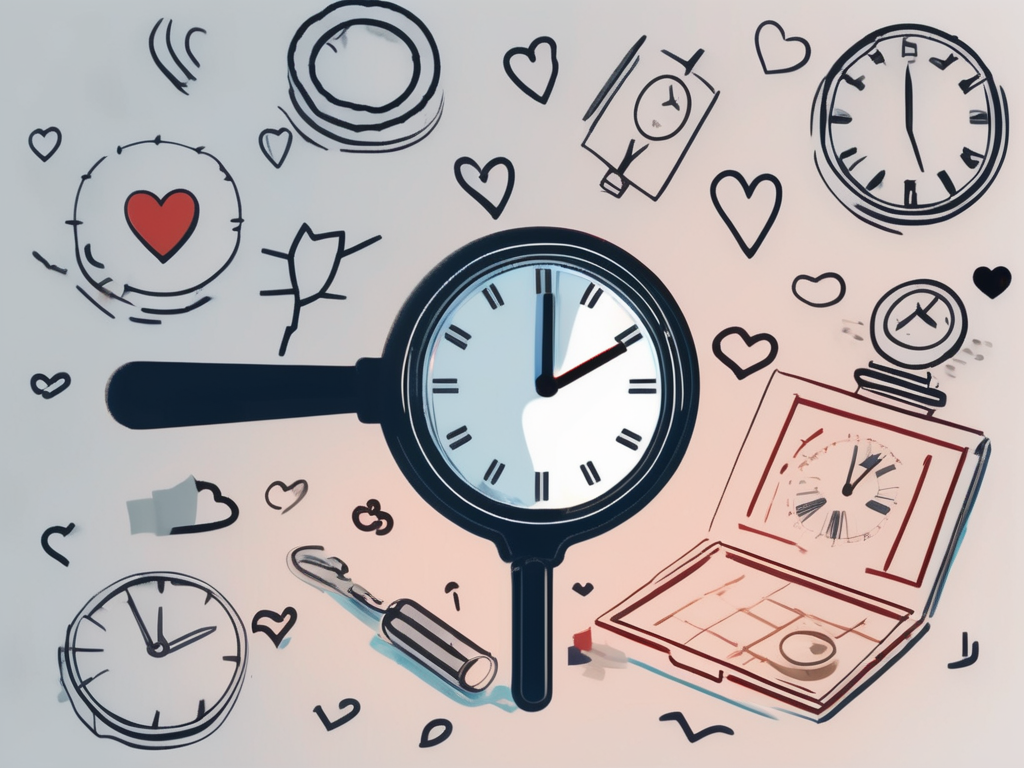 a magnifying glass hovering over a series of scattered, ambiguous symbols and items that represent common signs of cheating, such as a broken heart, a hidden phone, and a clock showing late hours, all set against a subtle, blurred background to evoke a sense of mystery and suspicion, hand-drawn abstract illustration for a company blog, white background, professional, minimalist, clean lines, red, white, and black