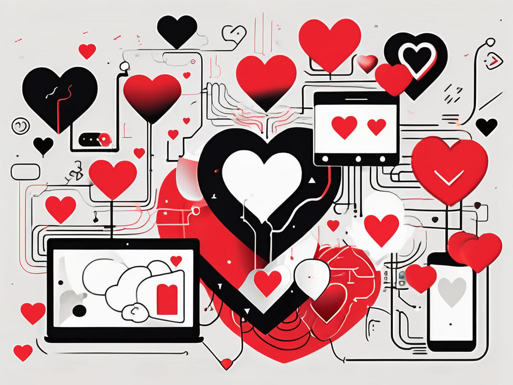 an abstract representation of interconnected hearts and various symbols of love and relationships, surrounded by elements that signify modern dating, such as smartphones, chat bubbles, and social media icons, all set against a vibrant, engaging background, hand-drawn abstract illustration for a company blog, white background, professional, minimalist, clean lines, red, white, and black