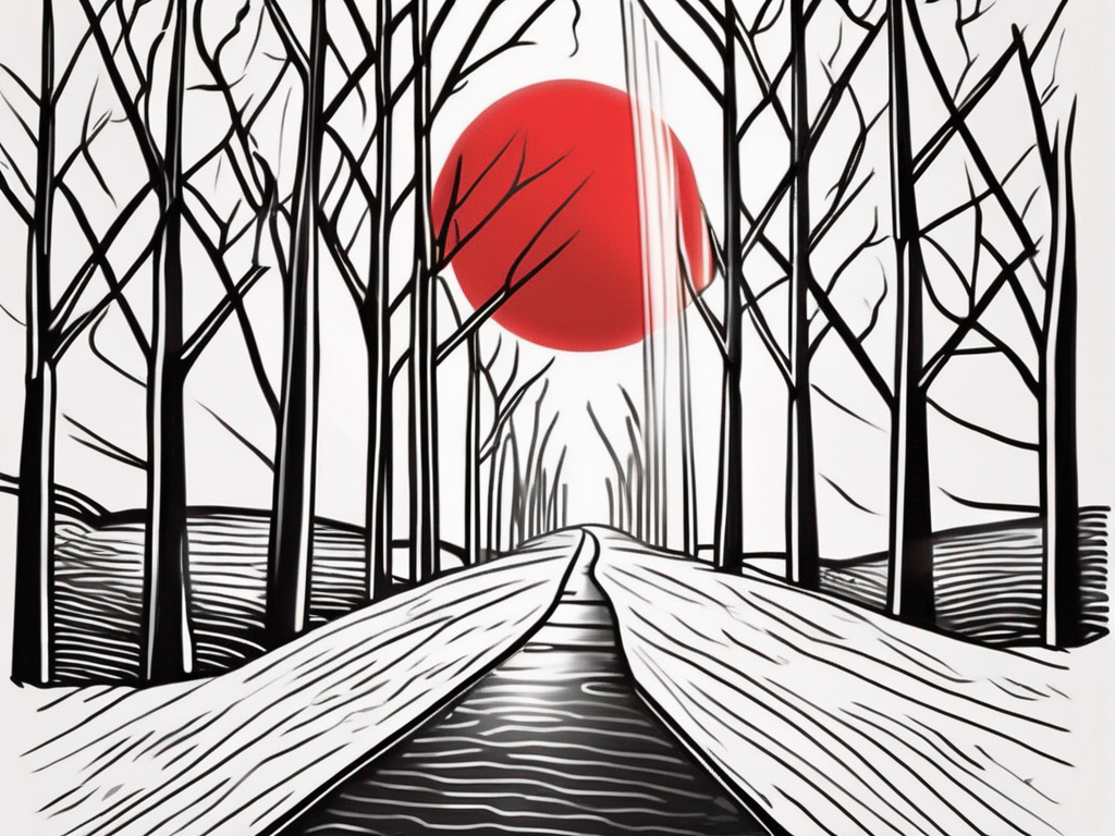 an open journal with a broken heart symbol on one page and a pathway leading toward a bright sunrise on the other, symbolizing reflection and hope for the future, hand-drawn abstract illustration for a company blog, white background, professional, minimalist, clean lines, red, white, and black