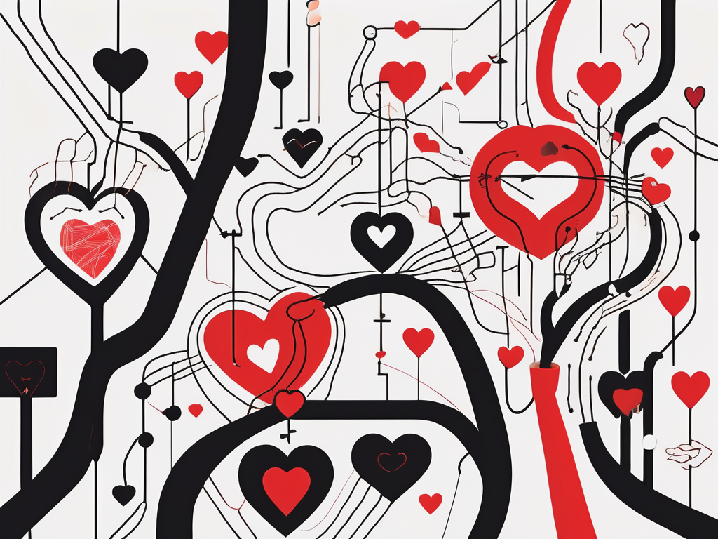 an abstract representation of intertwined pathways, symbolizing the complexities and connections of modern relationships, with elements like hearts, question marks, and various symbols of communication to highlight the themes of exploration and emotional navigation in hookup therapy, hand-drawn abstract illustration for a company blog, white background, professional, minimalist, clean lines, red, white, and black