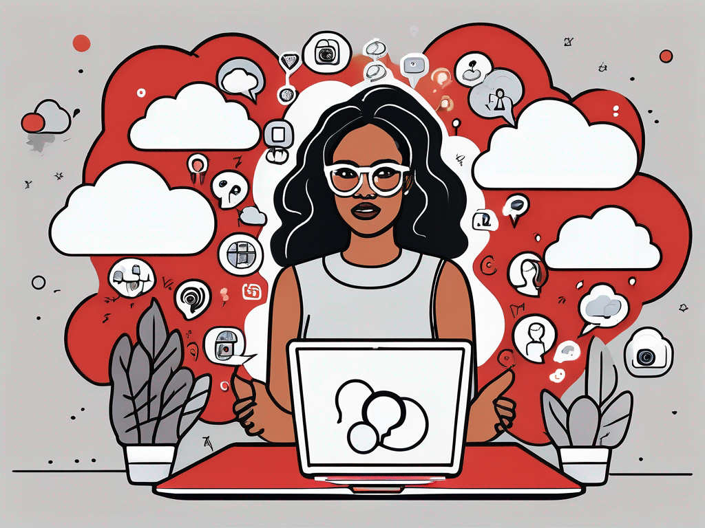 an open laptop displaying a variety of social media icons and images of diverse women, surrounded by a cloud of thought bubbles depicting common emotions like curiosity, attraction, and insecurity, hand-drawn abstract illustration for a company blog, white background, professional, minimalist, clean lines, red, white, and black